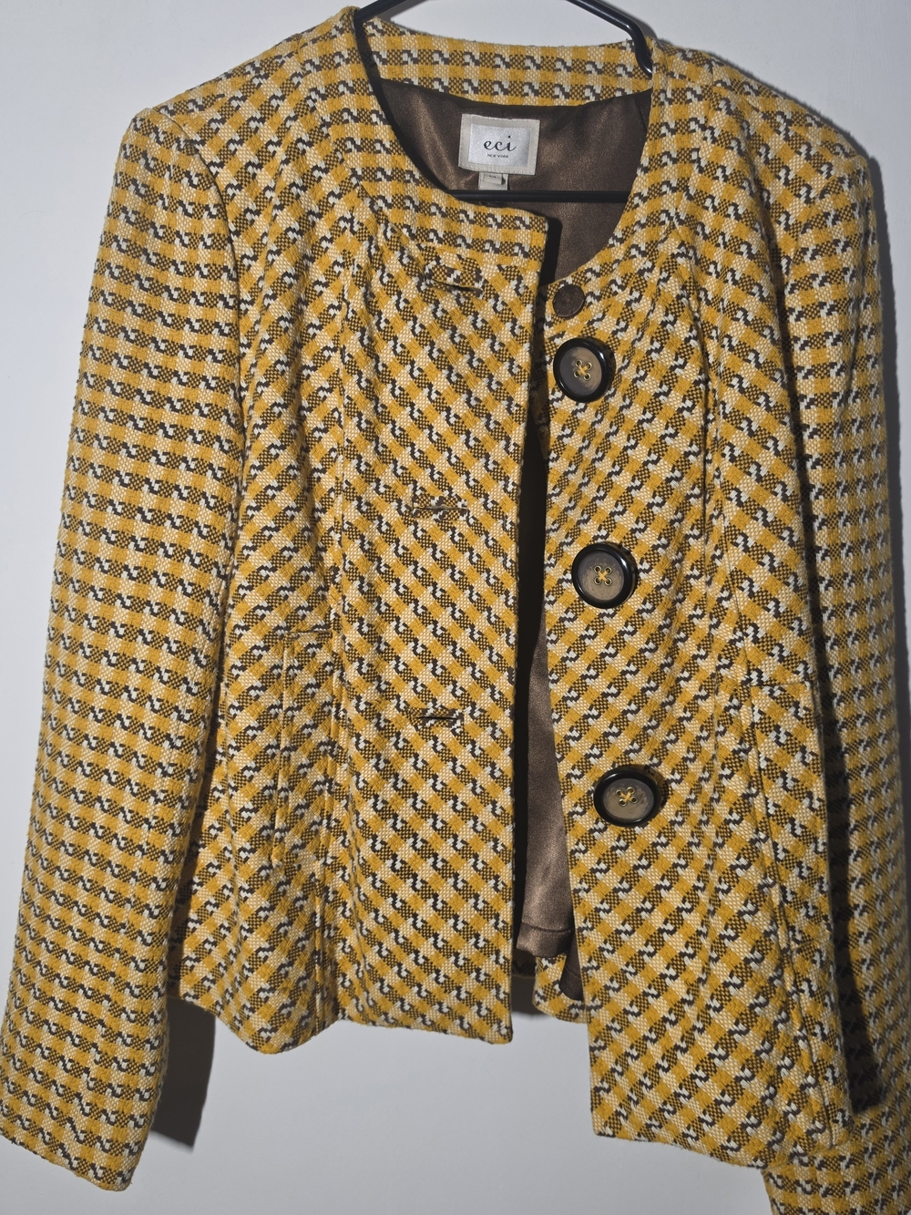 ECI Yellow Tweed Button-Front Blazer with Brown Trim